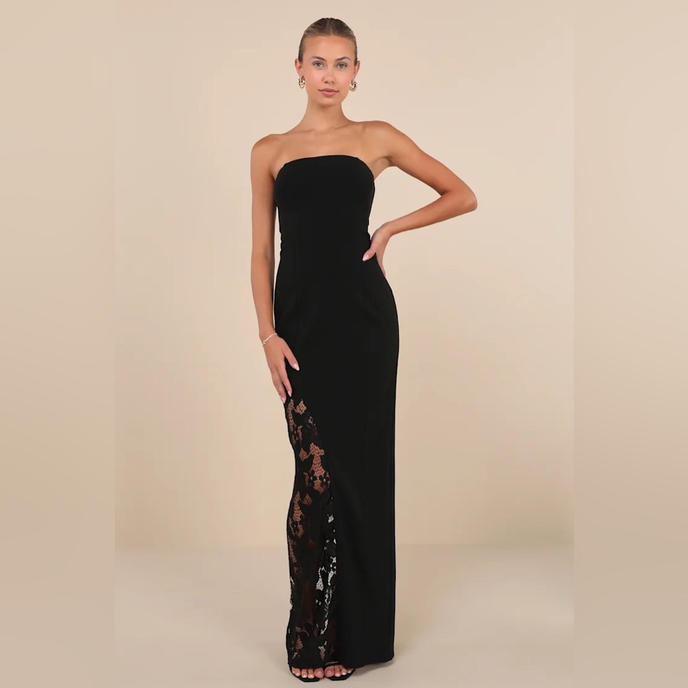 NWT | LuLus Irresistible Attitude Black Strapless Lace Column Maxi Dress